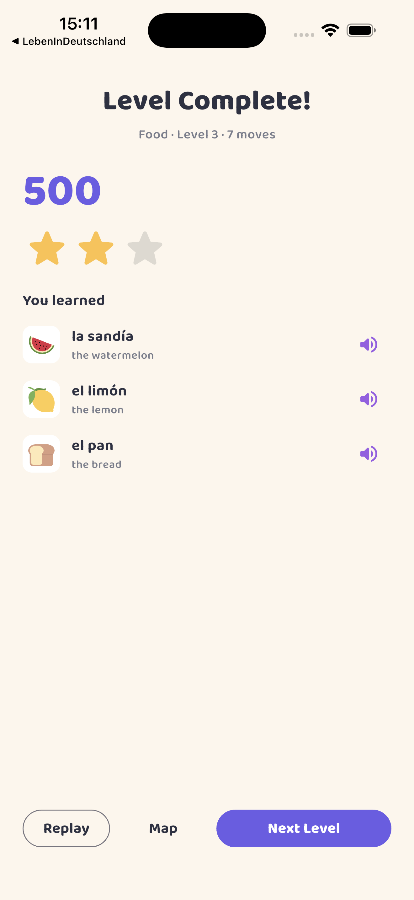 Completed Food level with a three-star result