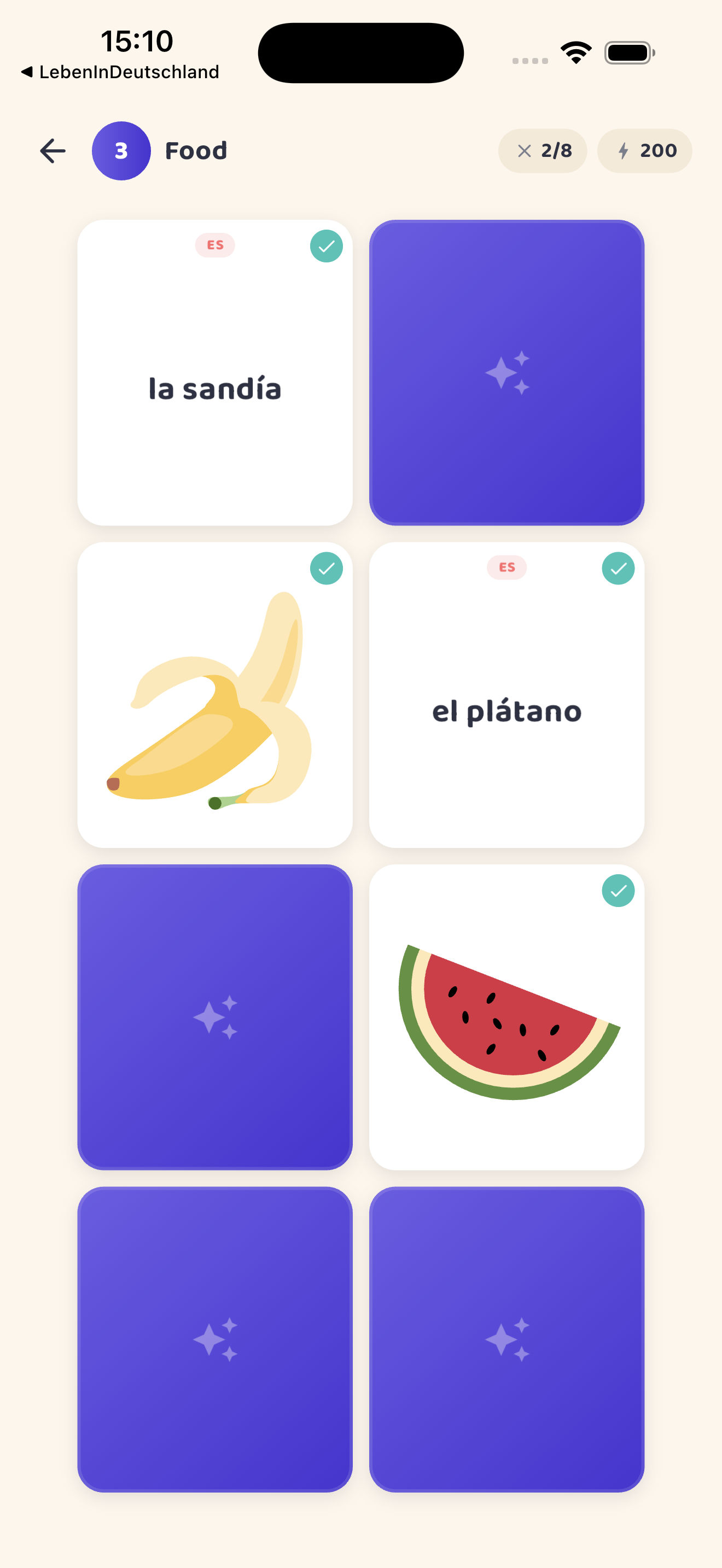 Lingomory Food level showing Spanish word and picture cards