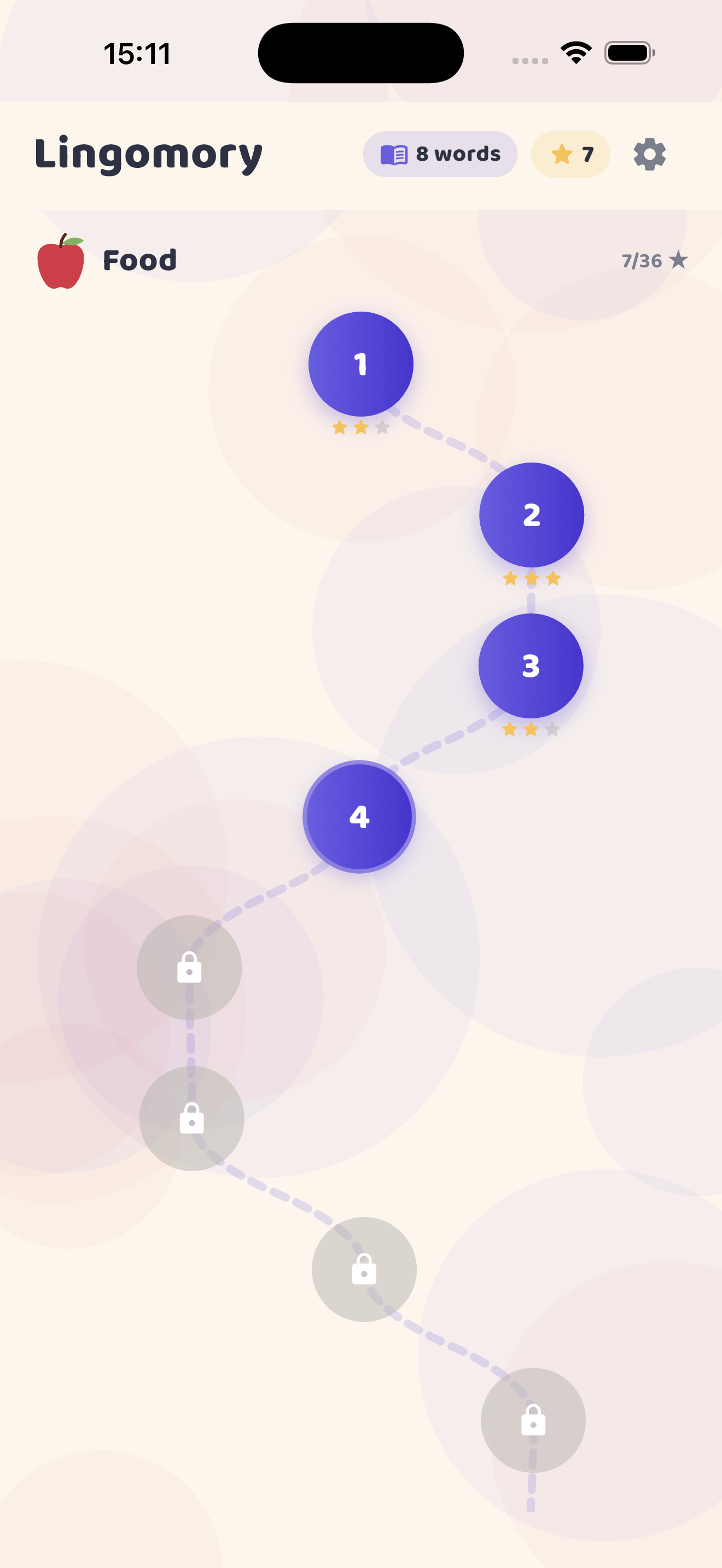 Lingomory Food pack level map with stars and unlocked levels