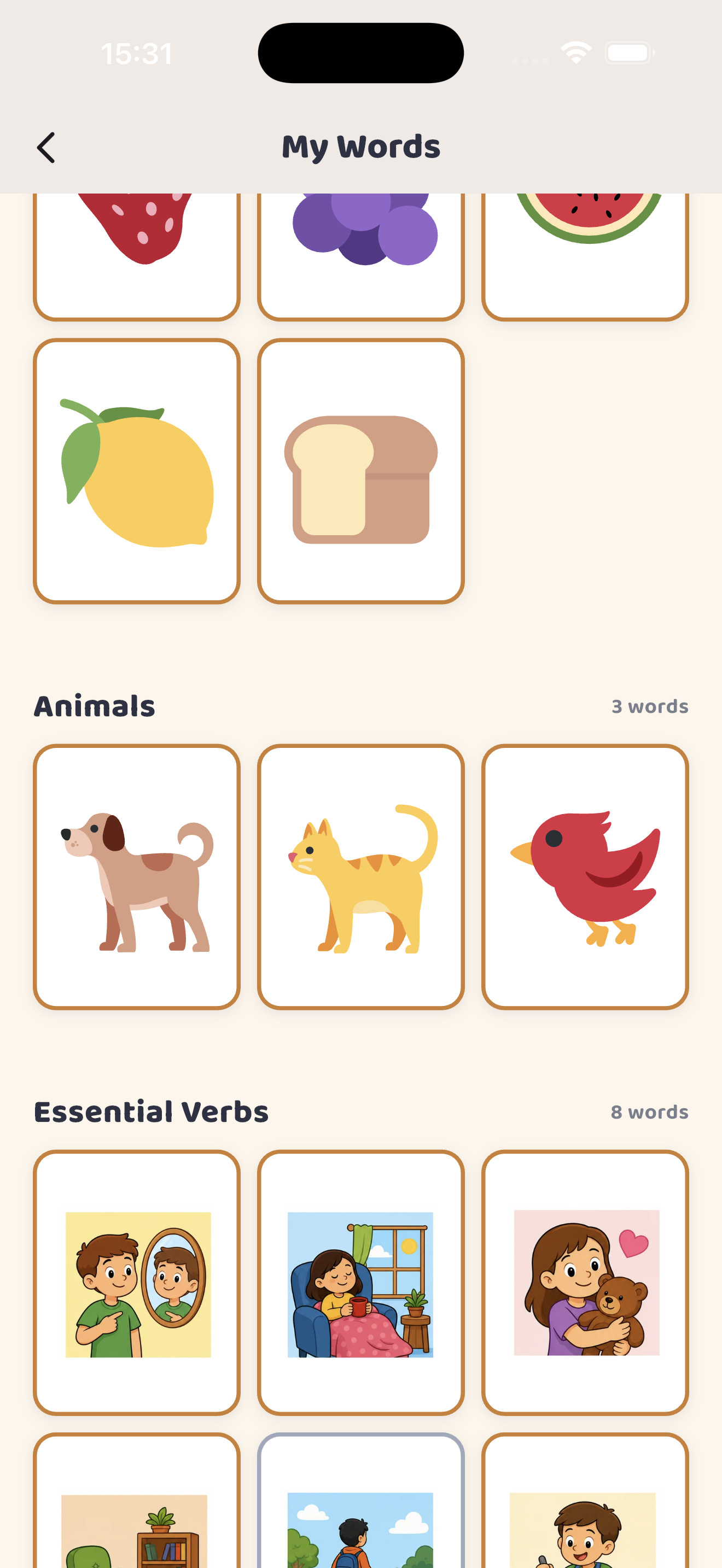 My Words collection showing learned food, animal, and verb cards